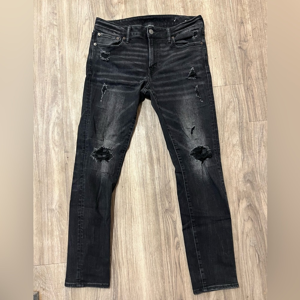 Mens American Eagle Black Distressed Skinny Jeans